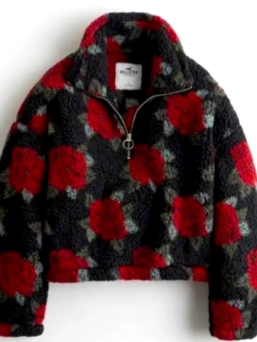 Hollister Black Sherpa Jacket with Red Floral Print